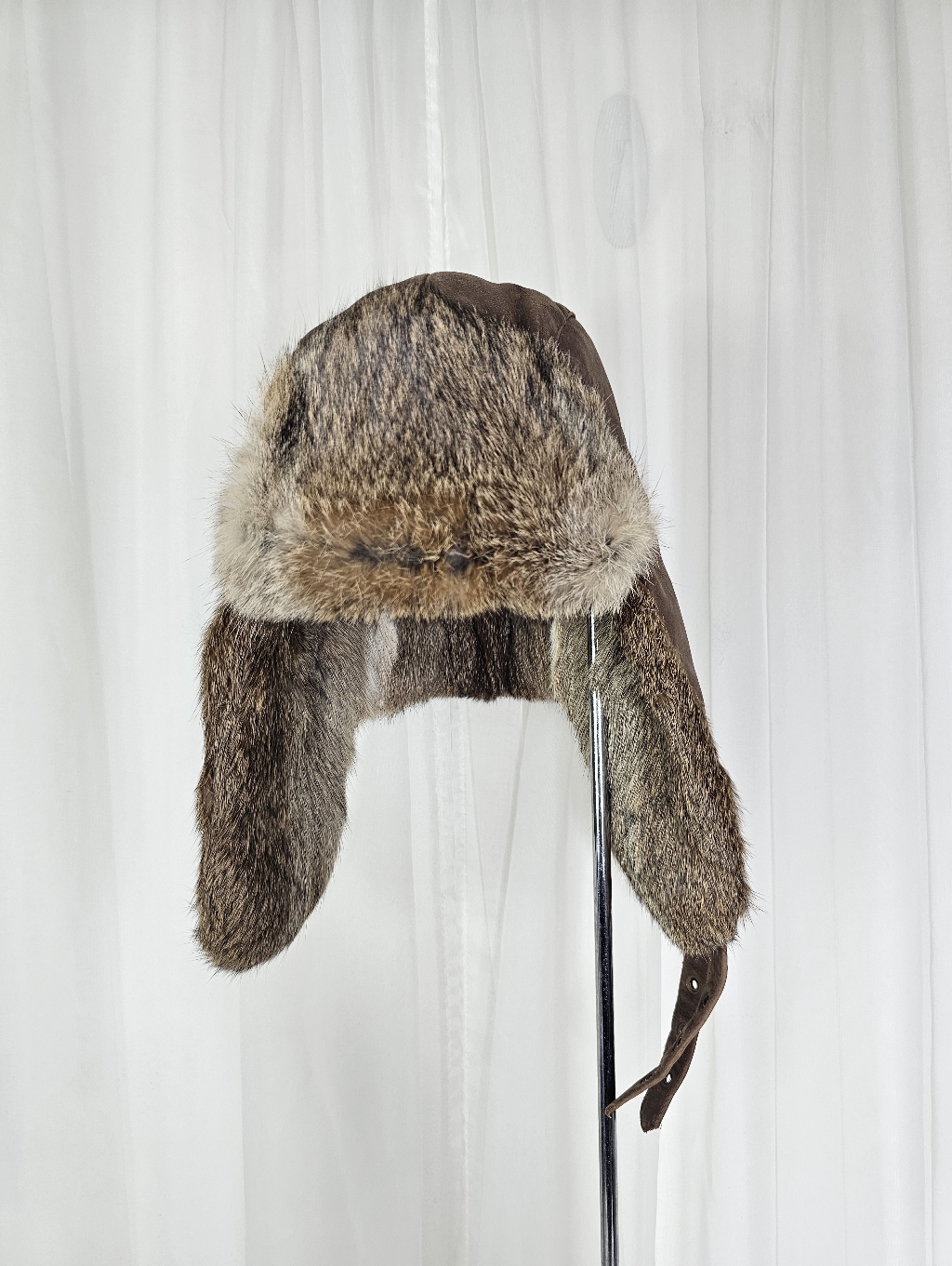 Nathaniel Cole Brown Suede Leather Rabbit Fur Trim Aviator Trapper Hat